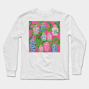 Chinoiserie jars and banana leaves on hot pink Long Sleeve T-Shirt